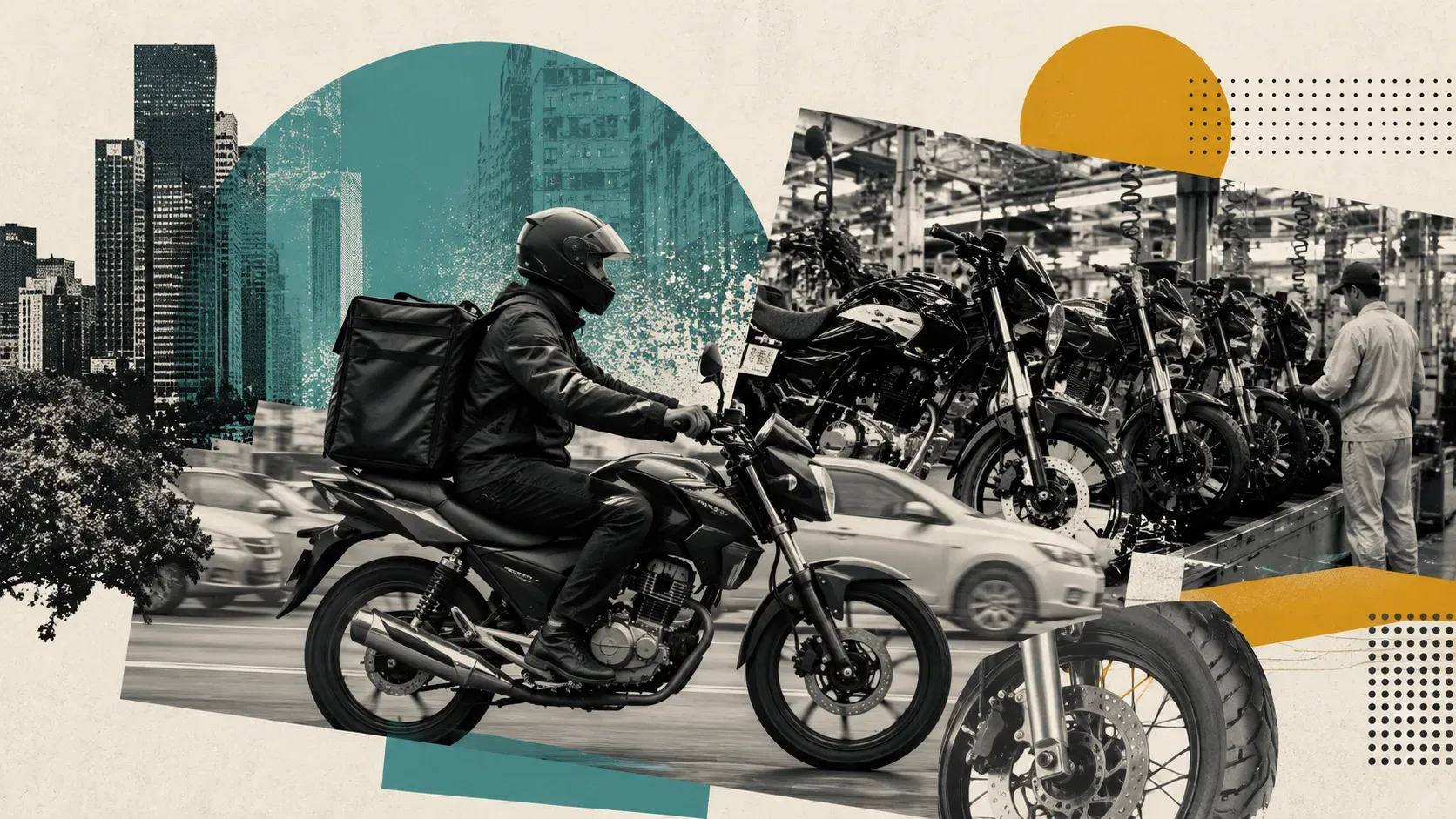 Ilustração em estilo colagem mostrando um motociclista em trânsito urbano, uma linha de montagem de motocicletas ao fundo e elementos gráficos abstratos, representando a indústria de motos e a mobilidade urbana.
