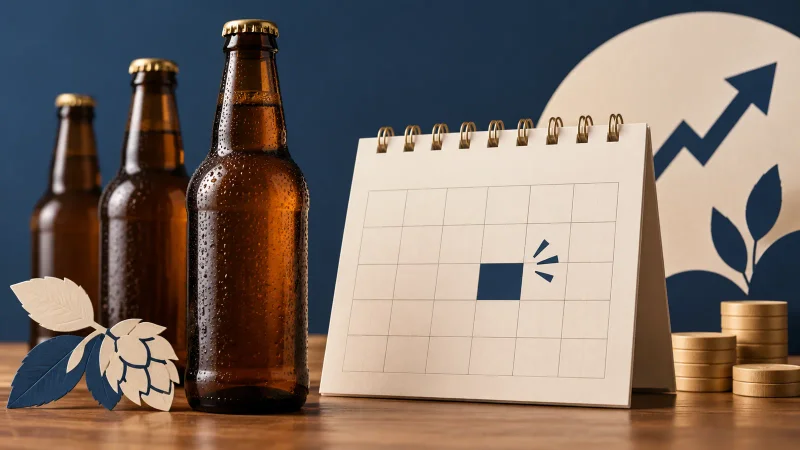 Colagem ilustrativa de garrafas sem marca e calendário para a data ex de JCP da Ambev.