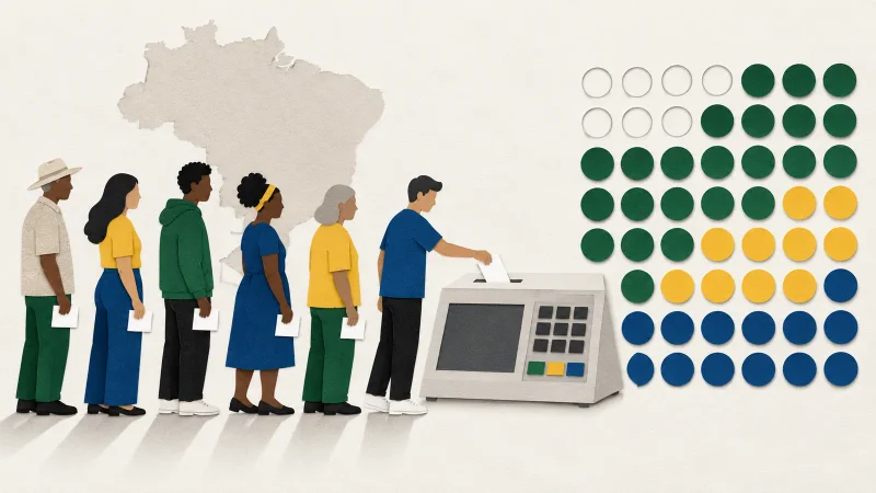 Colagem minimalista com urna eletrônica, fila de eleitores e círculos de participação