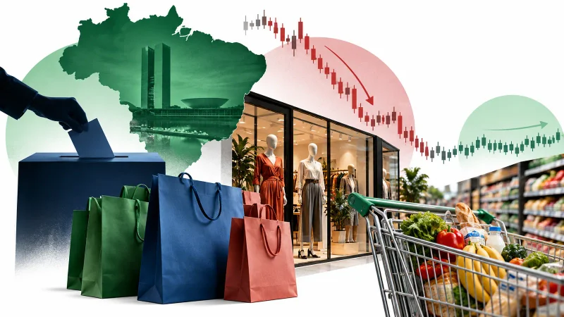 Colagem minimalista com urna, lojas, supermercado e gráfico de ações