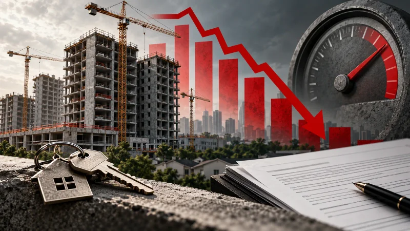 Colagem minimalista com prédios em construção, chaves, contrato e gráfico de queda