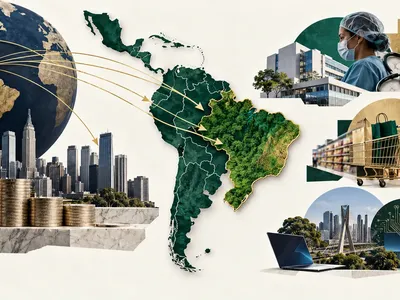Colagem minimalista com mapa do Brasil e América Latina, capital e setores de saúde, varejo e tecnologia