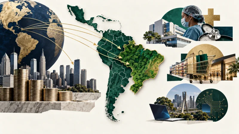 Colagem minimalista com mapa do Brasil e América Latina, capital e setores de saúde, varejo e tecnologia