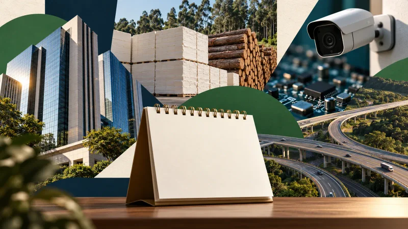 Colagem minimalista com calendário, banco, celulose, eletrônicos e rodovia