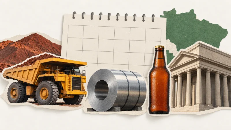Colagem minimalista com calendário, caminhão de mineração, bobina de aço, garrafa e banco