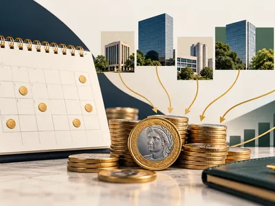 Colagem minimalista com calendário, moedas brasileiras, edifícios corporativos e setas representando pagamentos de dividendos
