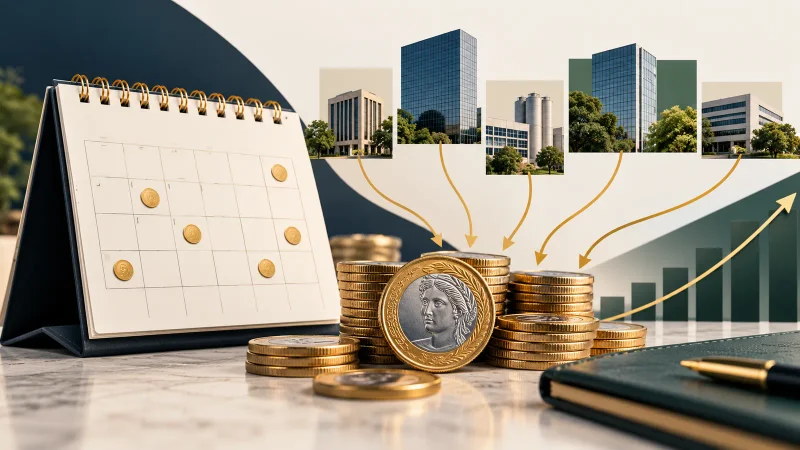 Colagem minimalista com calendário, moedas brasileiras, edifícios corporativos e setas representando pagamentos de dividendos