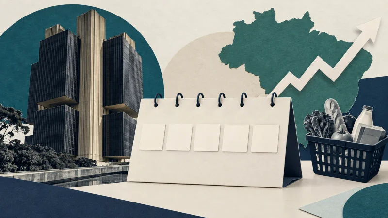 Colagem com calendário, Banco Central e cesta de compras para representar a agenda econômica
