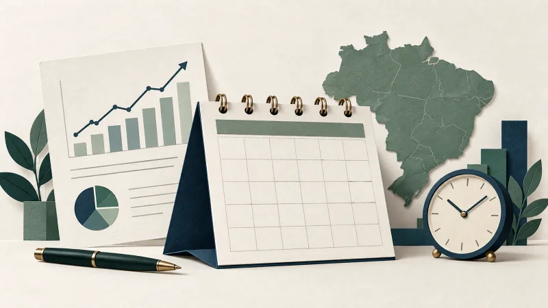 Calendário, gráficos, relógio e mapa do Brasil representam a agenda econômica da semana