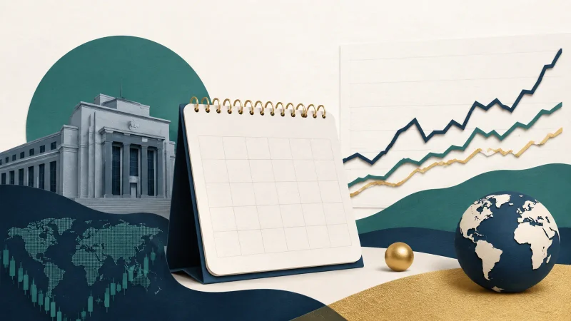Colagem minimalista com calendário, gráficos e edifício institucional representando a agenda econômica da semana