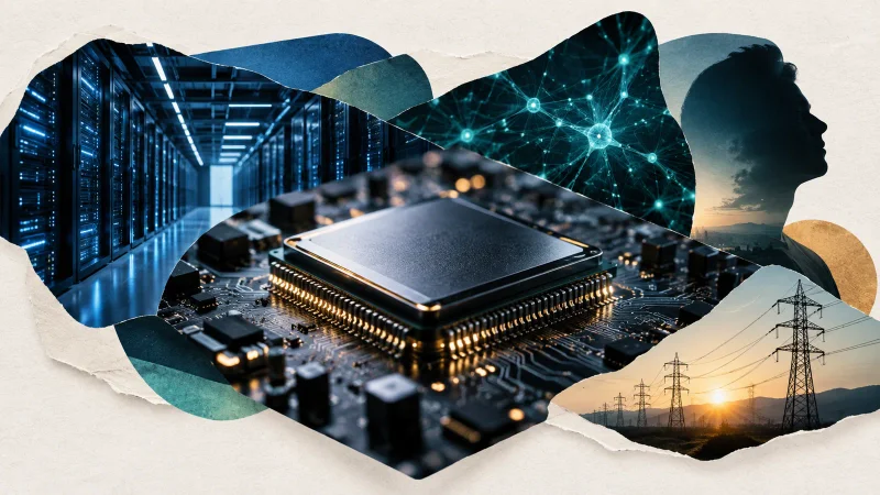 Colagem editorial representa a corrida pela inteligência artificial geral, com chip, data center e infraestrutura de energia