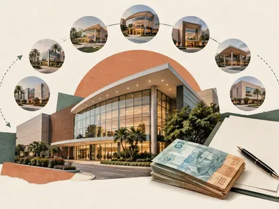 Colagem minimalista com shopping center, sete fachadas menores, documentos e notas de real