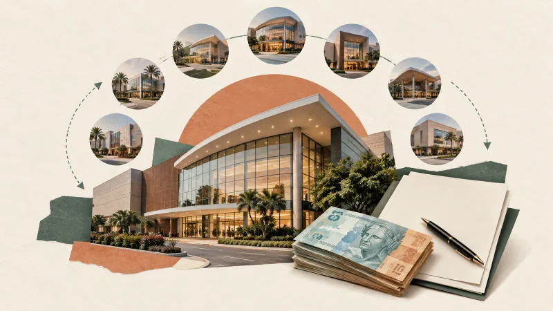 Colagem minimalista com shopping center, sete fachadas menores, documentos e notas de real