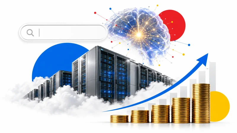 Colagem minimalista com busca, data center, inteligência artificial, moedas e gráfico