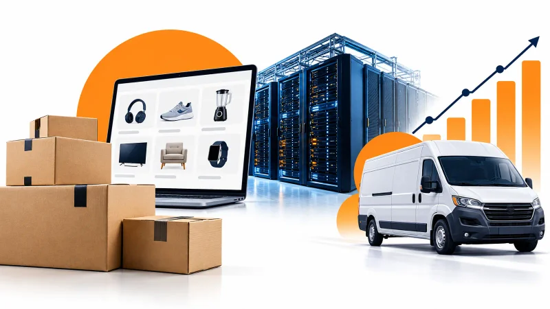 Colagem minimalista com comércio eletrônico, caixas, data center, entrega e gráfico