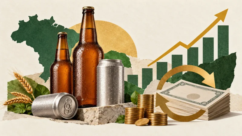 Colagem minimalista com garrafas sem marca, latas, moedas, gráfico de crescimento e símbolo de recompra