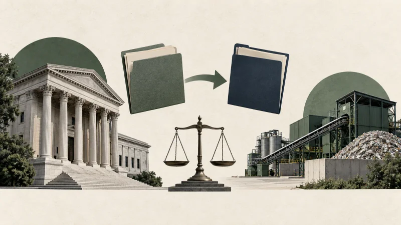 Tribunal, documentos jurídicos e instalação de reciclagem em colagem editorial