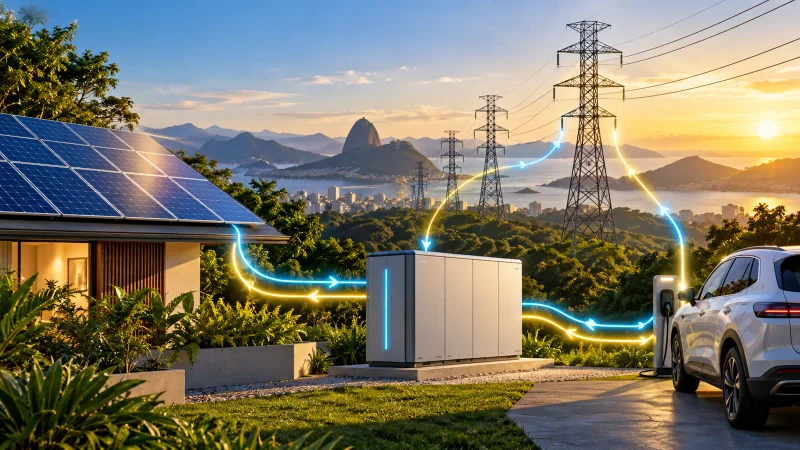 Painéis solares, bateria, veículo elétrico e rede de transmissão conectados por fluxos de energia