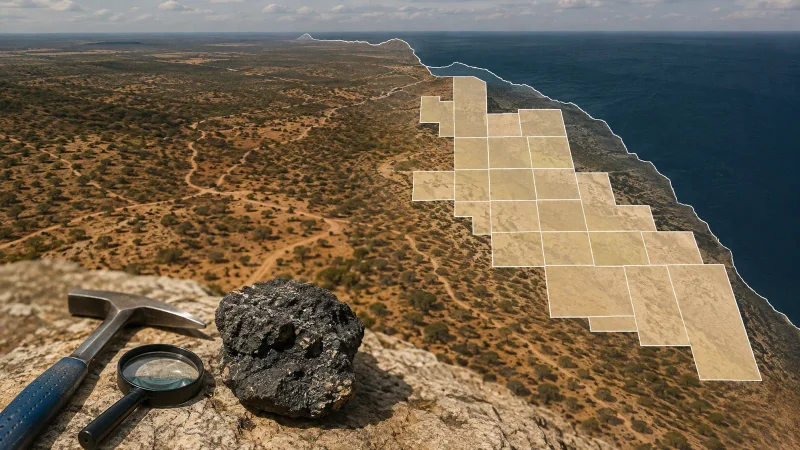 Paisagem terrestre da Bacia Potiguar com mapa de blocos e instrumentos de pesquisa geológica