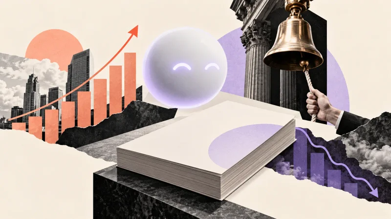 Colagem minimalista com inteligência artificial, sino da bolsa e prospecto de IPO