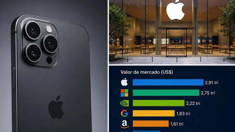 iPhone em destaque ao lado de uma Apple Store e gráfico comparativo do valor de mercado das big techs.