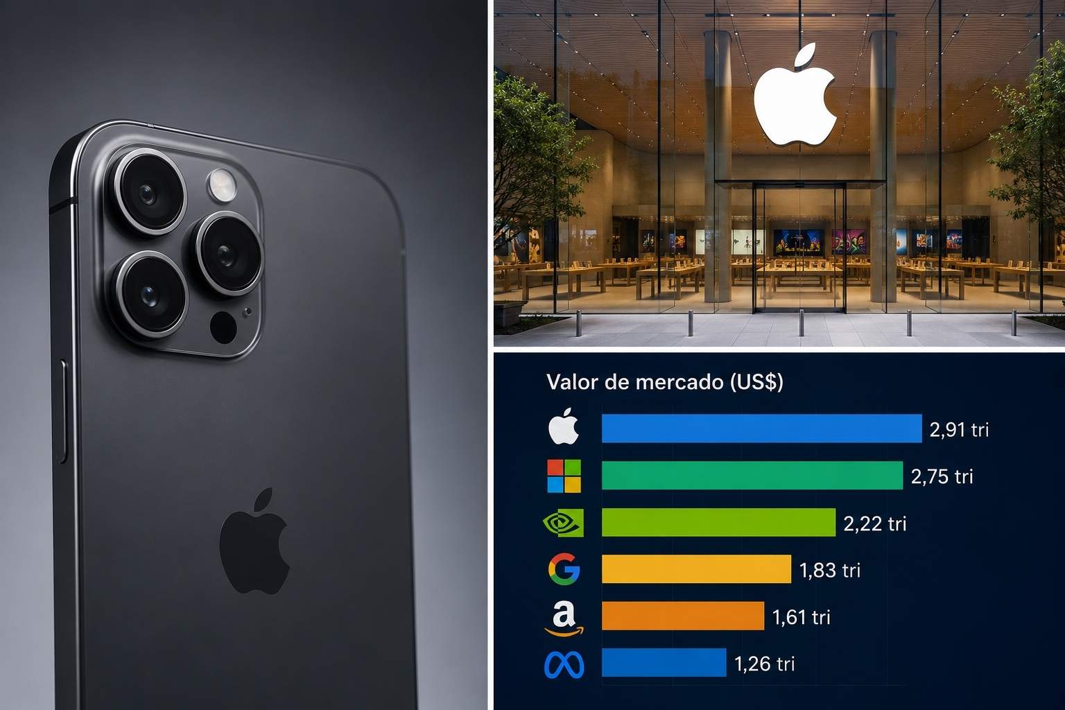 iPhone em destaque ao lado de uma Apple Store e gráfico comparativo do valor de mercado das big techs.
