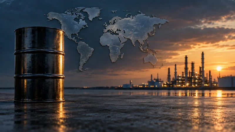 Barril de petróleo diante de mapa mundial e refinaria ao fundo