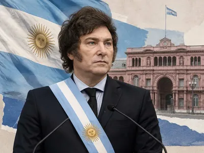 Presidente da Argentina em contexto oficial, com bandeira argentina e Casa Rosada ao fundo em estilo colagem.