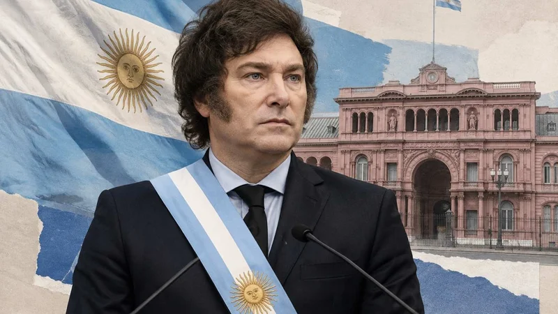 Presidente da Argentina em contexto oficial, com bandeira argentina e Casa Rosada ao fundo em estilo colagem.