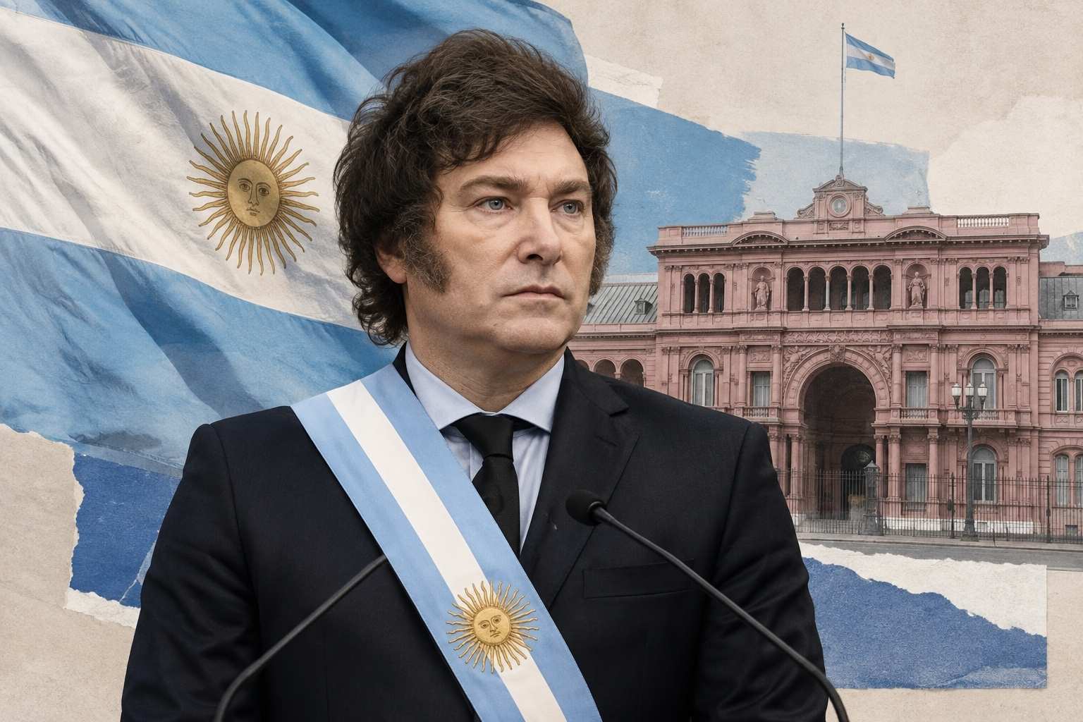Presidente da Argentina em contexto oficial, com bandeira argentina e Casa Rosada ao fundo em estilo colagem.
