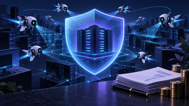 Colagem clean com enxame de agentes de IA testando rede corporativa