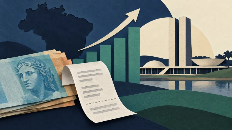 Colagem editorial com documento fiscal, cédulas e colunas de arrecadação federal
