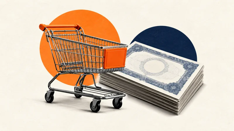 Colagem ilustrativa com carrinho de supermercado e certificados de ações