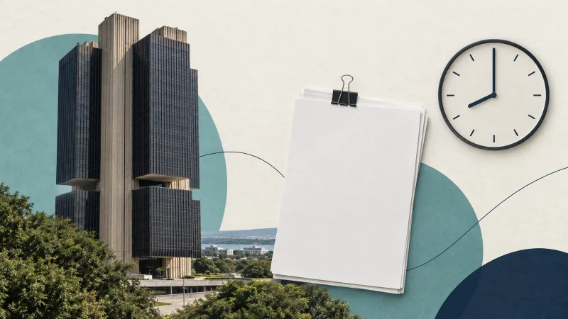 Colagem ilustrativa com edifício do Banco Central, documento e relógio marcando oito horas.