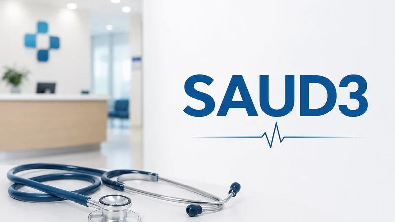 Estetoscópio em ambiente de clínica médica com o código SAUD3 em destaque.