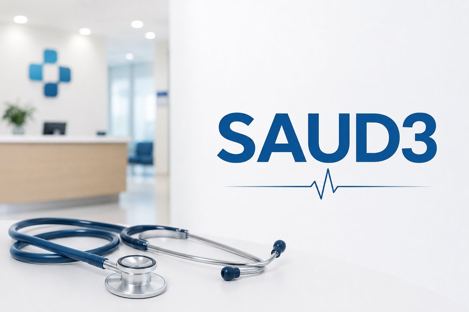 Estetoscópio em ambiente de clínica médica com o código SAUD3 em destaque.