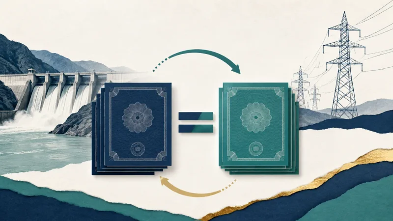 Colagem minimalista com usina elétrica e conversão de certificados de ações