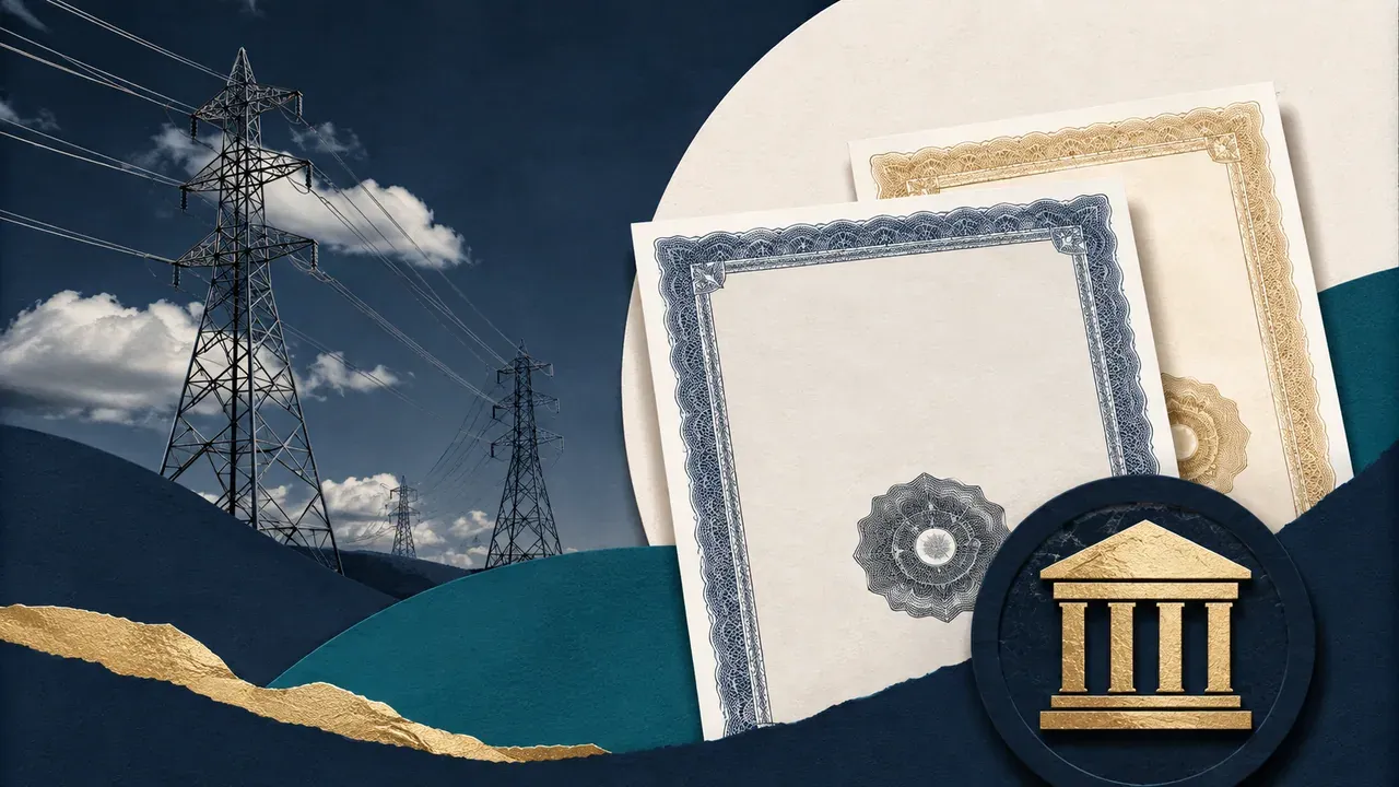 Colagem minimalista com torres de transmissão e certificados representando as novas debêntures da Axia Energia