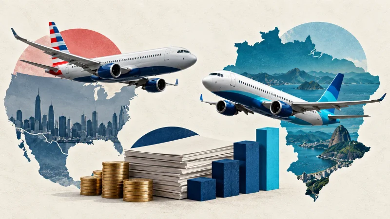 Colagem editorial com dois aviões, mapas do Brasil e dos Estados Unidos, documentos e moedas representando investimento na Azul