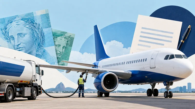 Colagem minimalista com avião, caminhão de combustível e documento financeiro