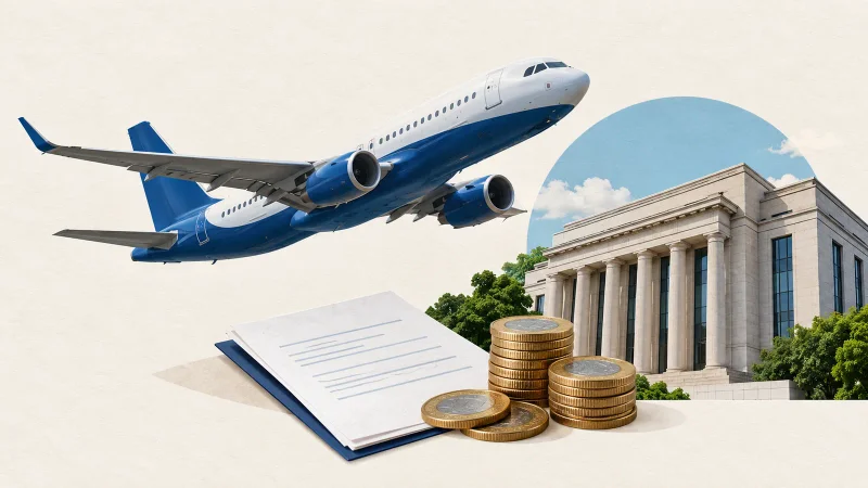 Avião comercial, edifício bancário, contrato e moedas em colagem editorial