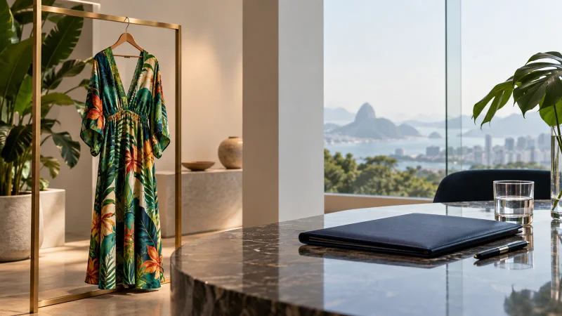 Vestido de estampa tropical em showroom com pasta de negócios sobre a mesa