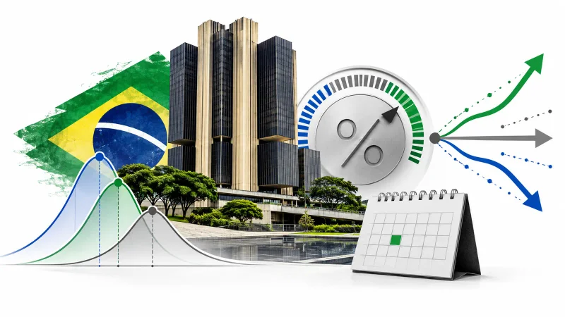 Colagem minimalista com Banco Central, calendário, medidor percentual e cenários de juros