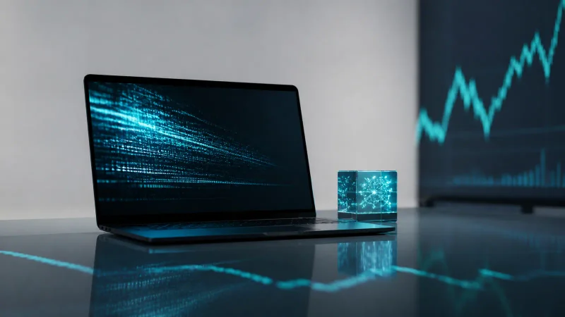 Notebook com padrões abstratos de código, cubo de inteligência artificial e gráfico financeiro ao fundo