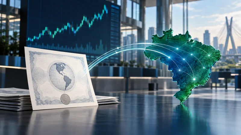 Recibo de ações conectado ao mapa do Brasil diante de painel do mercado financeiro