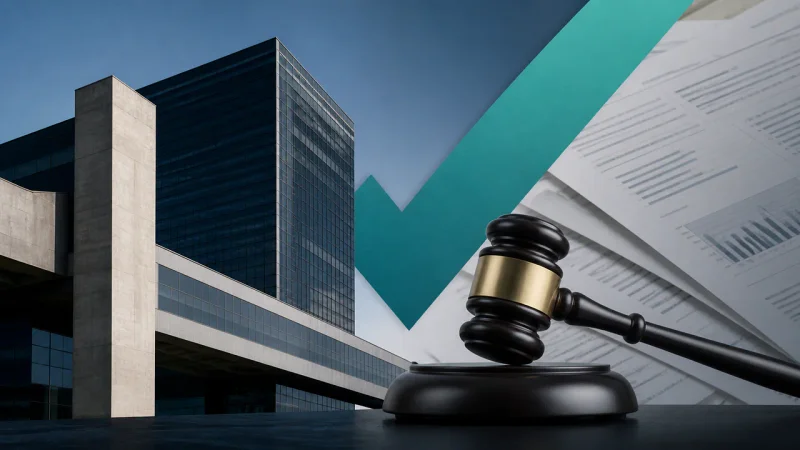 Prédio corporativo, documentos e martelo representam a vitória da B3 no Carf