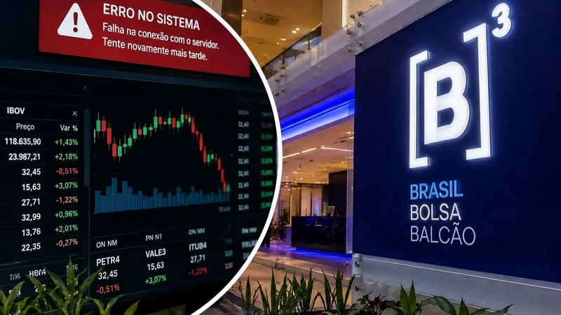 Painel da B3 com mensagem de erro no sistema e tela de cotações do mercado financeiro.