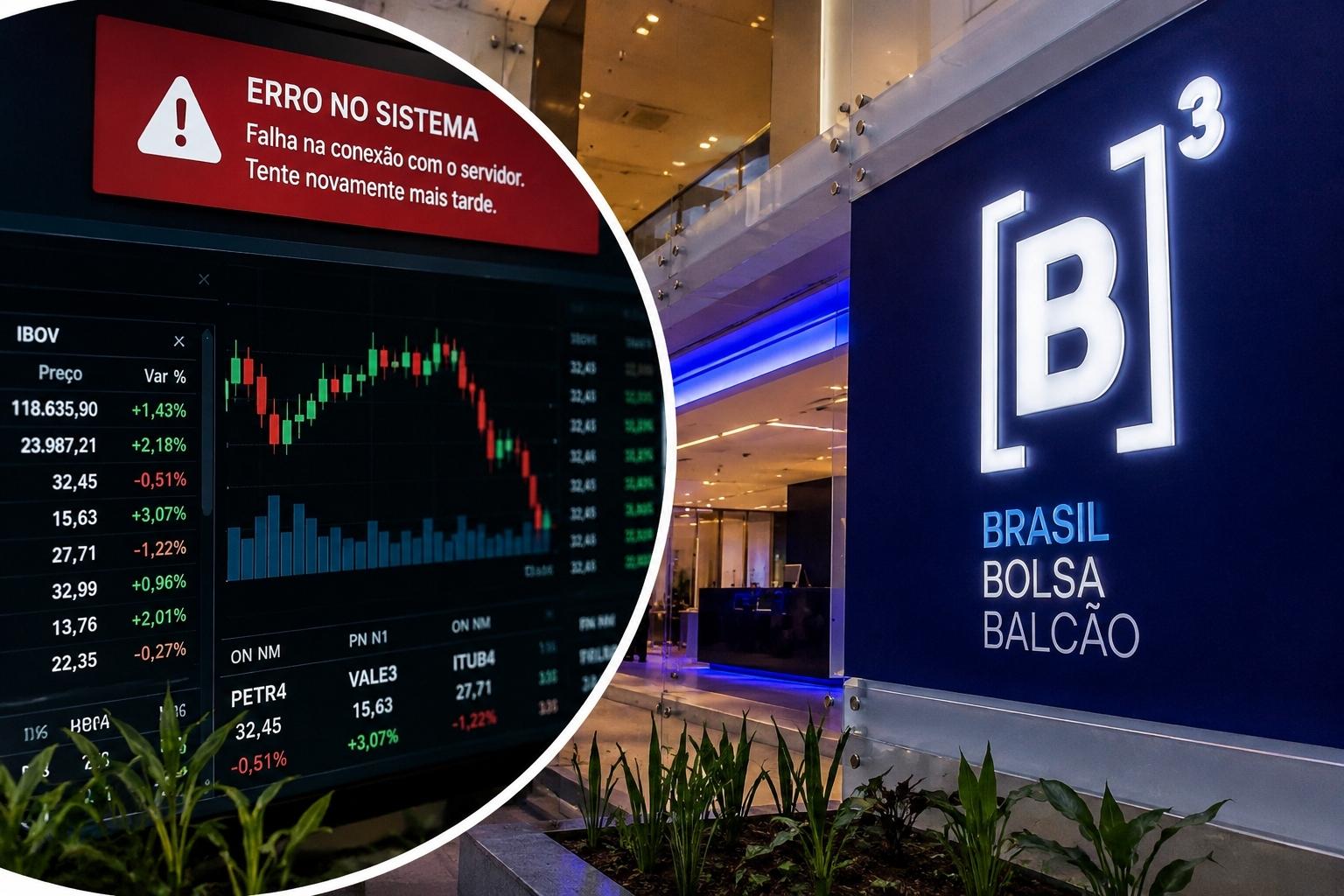 Painel da B3 com mensagem de erro no sistema e tela de cotações do mercado financeiro.