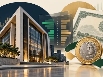 Colagem minimalista com edifício de bolsa, título público, moeda brasileira e plataforma de negociação