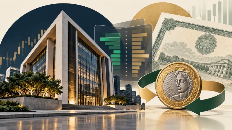 Colagem minimalista com edifício de bolsa, título público, moeda brasileira e plataforma de negociação
